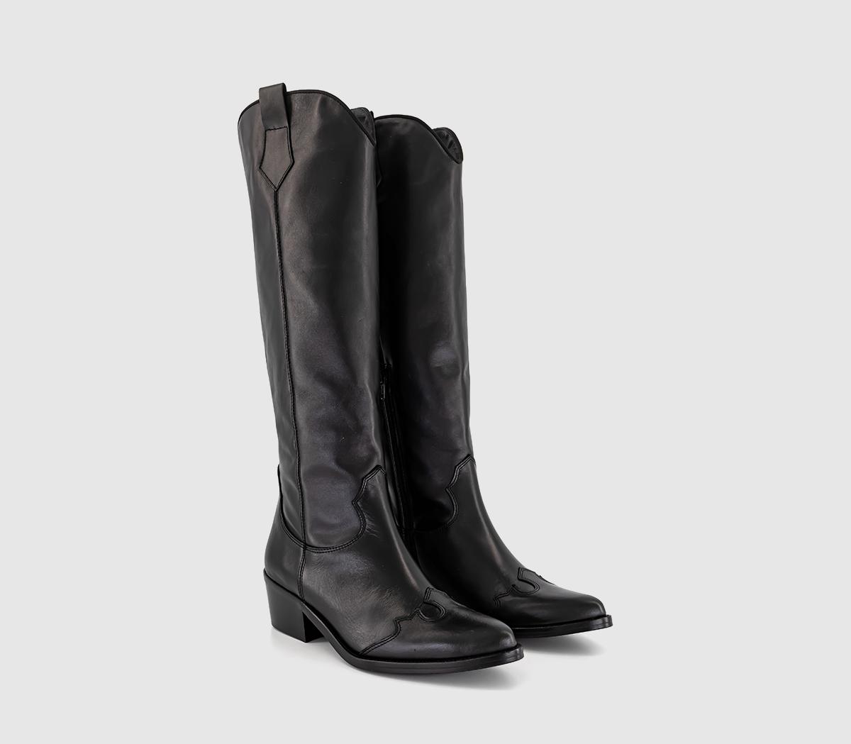 OFFICE Womens Kezia Heeled Western Knee Boots Black Leather, 4