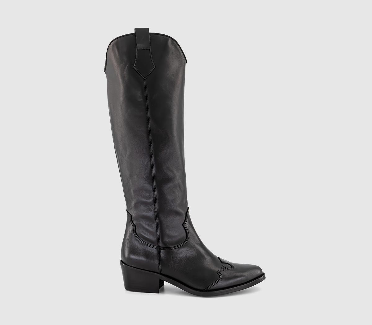 OFFICE Kezia Heeled Western Knee Boots Black Leather - Knee High Boots