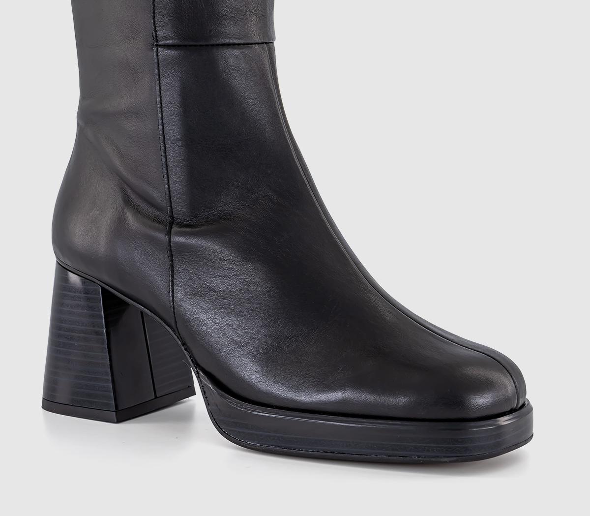 OFFICE Klara Platform Heeled Knee Boots Black Leather - Knee High Boots