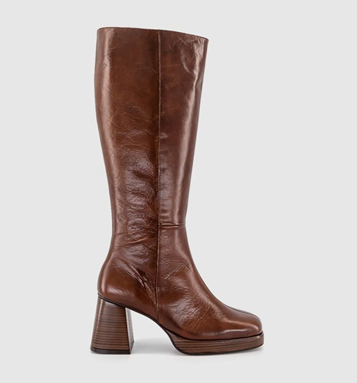 OFFICE Klara Platform Heeled Knee Boots Choc Brown Leather