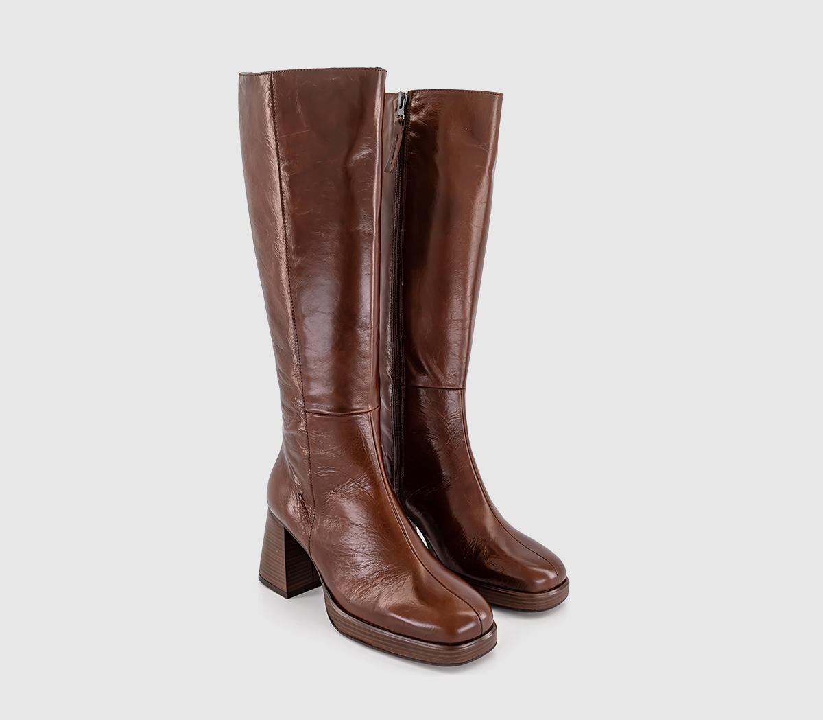 OFFICE Womens Klara Platform Heeled Knee Boots Choc Brown Leather, 9