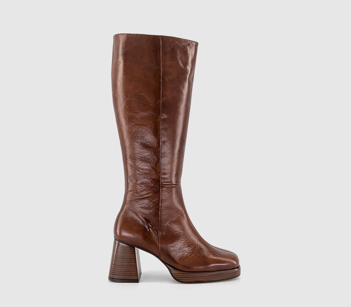 Klara Platform Heeled Knee Boots Choc Brown Leather