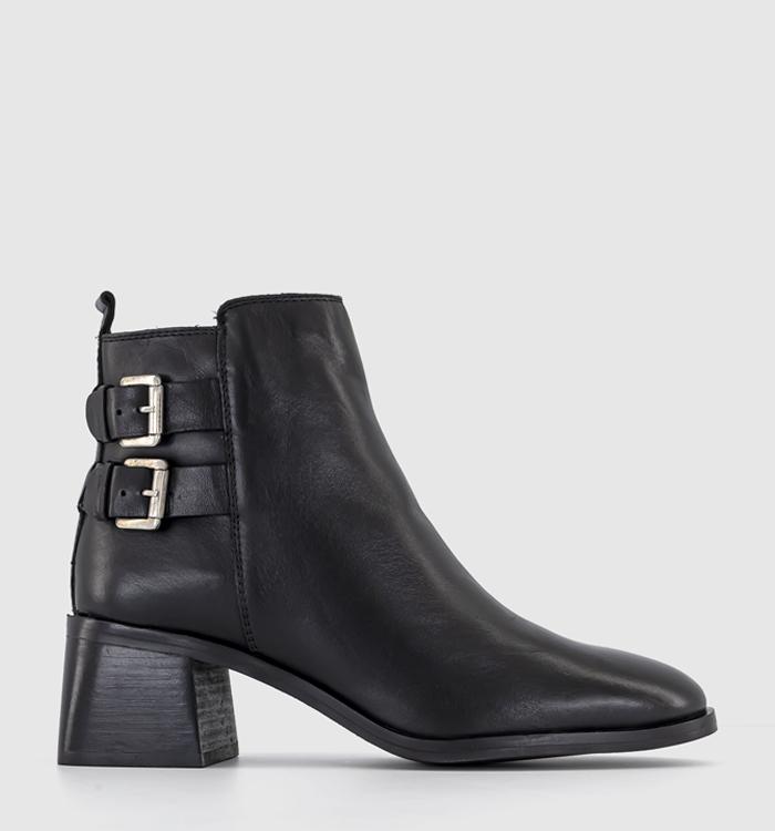 OFFICE August Buckle Detail Block Heeled Boots Black Leather