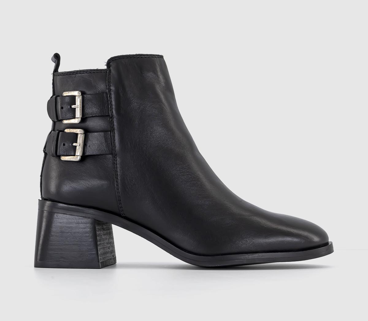 August Buckle Detail Block Heeled Boots Black Leather