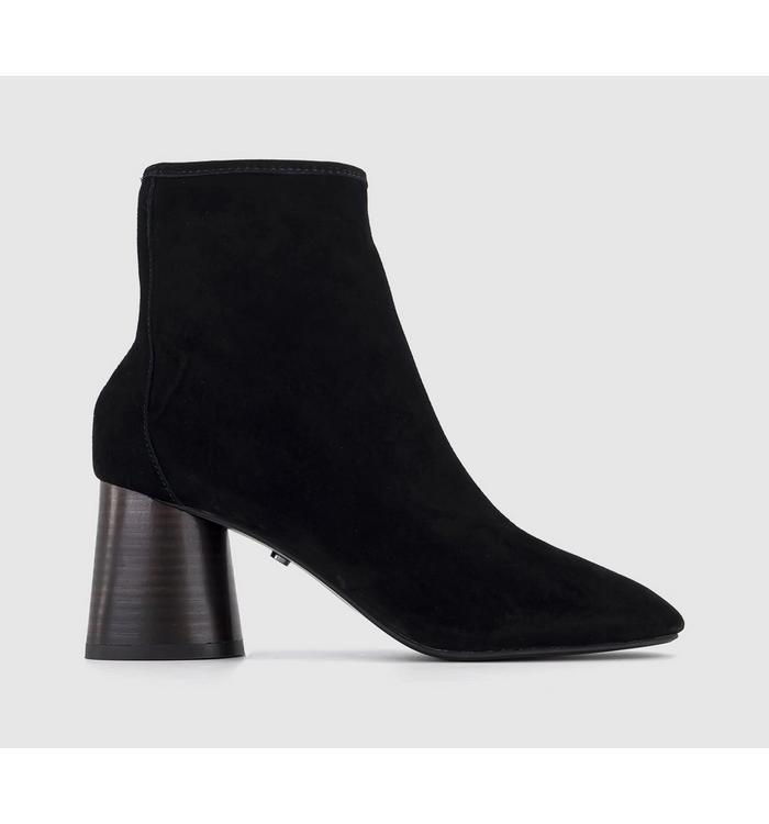 office ash cylinder stacked heel boots black suede