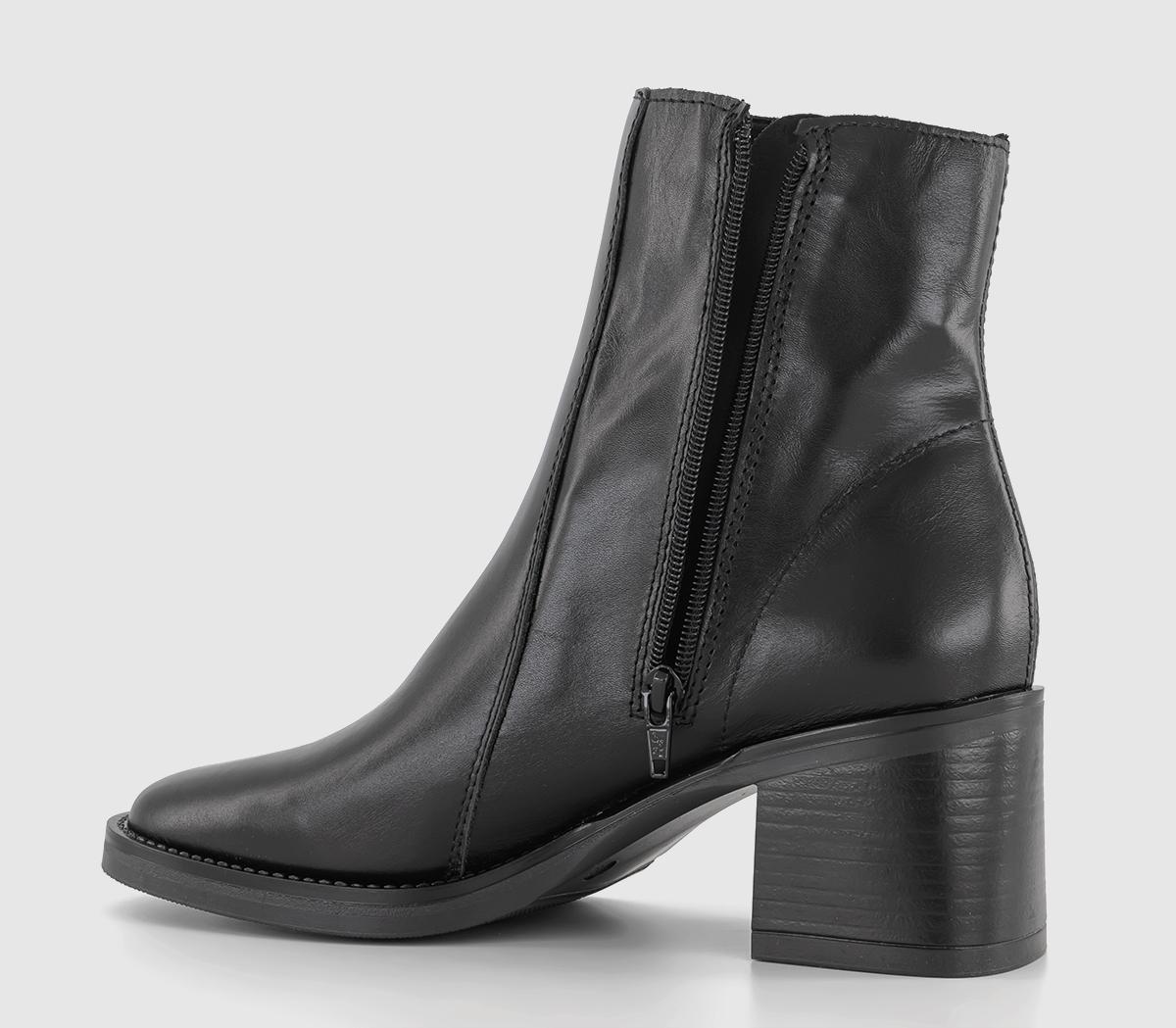 OFFICE Annabella Square Toe Leather Block Heel Boots Black Leather ...