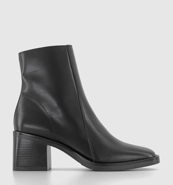 OFFICE Annabella Square Toe Leather Block Heel Boots Black Leather