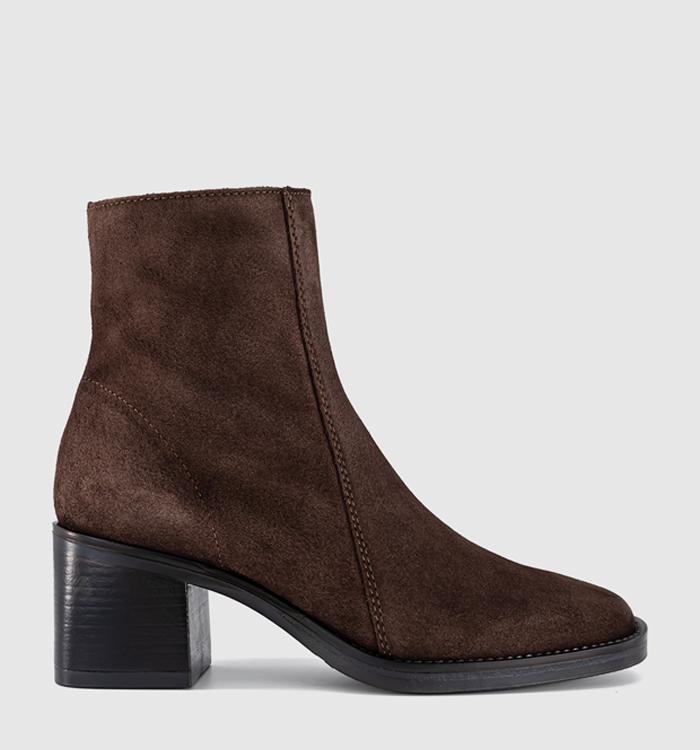 OFFICE Annabella Square Toe Leather Block Heel Boots Brown Suede