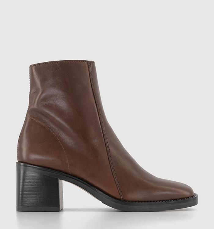 OFFICE Annabella Square Toe Leather Block Heel Boots Brown Leather