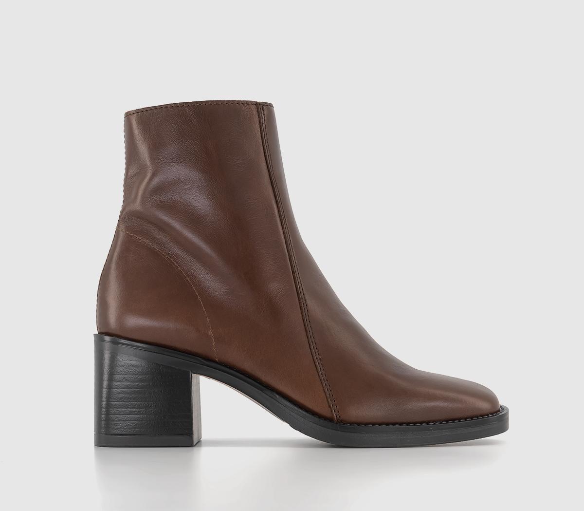 Annabella Square Toe Leather Block Heel Boots Brown Leather