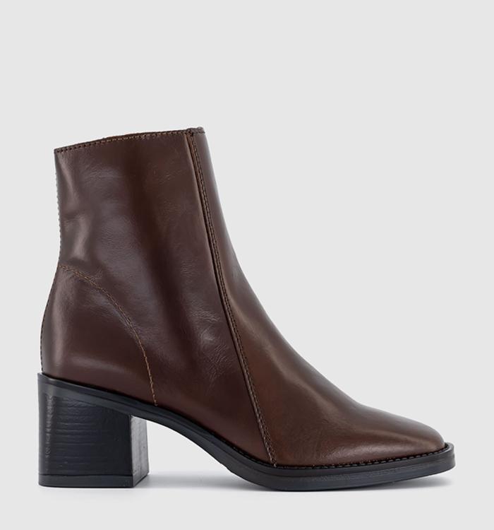 OFFICE Annabella Square Toe Leather Block Heel Boots Choc Brown Leather