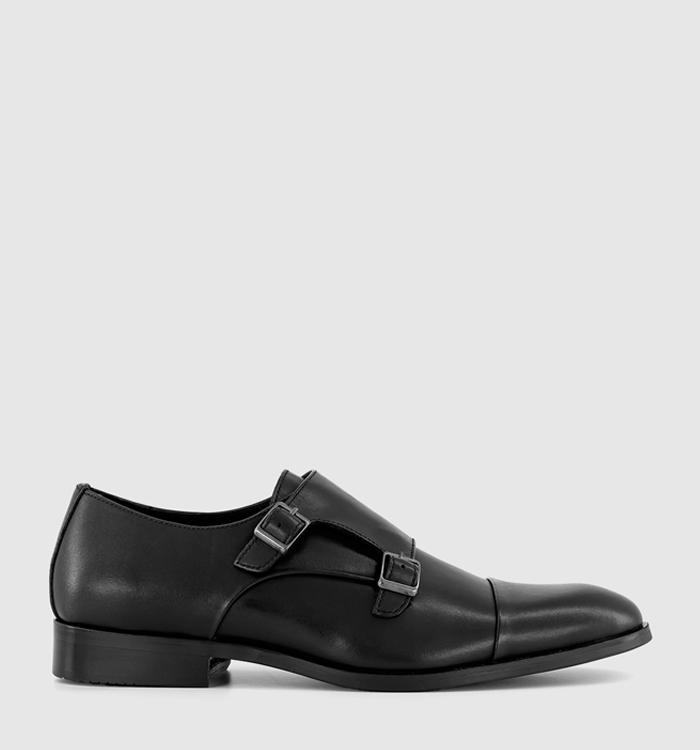 OFFICE Mitre Double Strap Toecap Monk Shoes Black Leather
