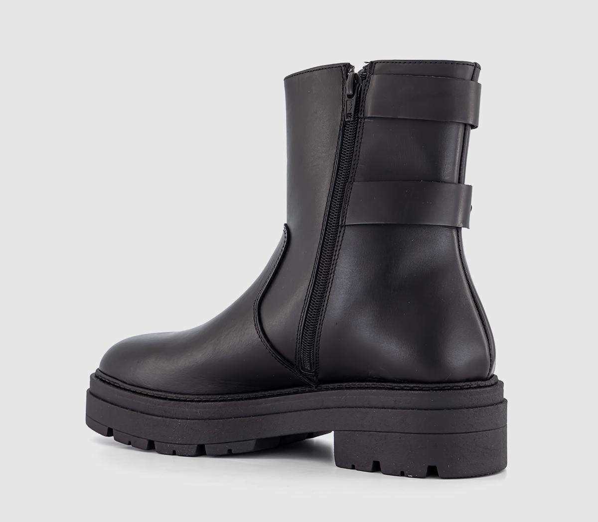 OFFICEAuto Buckle Detail Biker BootsBlack Leather