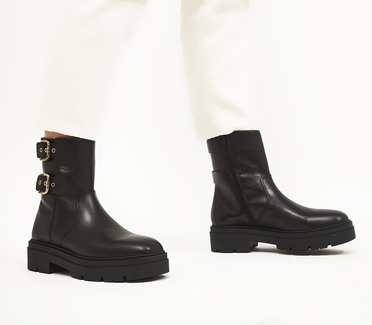 OFFICEAuto Buckle Detail Biker BootsBlack Leather