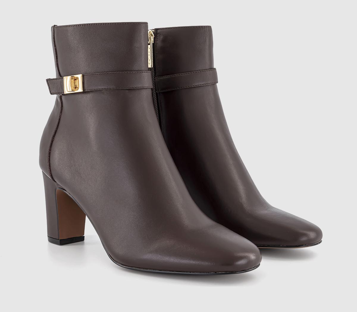 OFFICE Amelia Buckle Detail Heeled Boots Choc Leather - Women's Ankle Boots