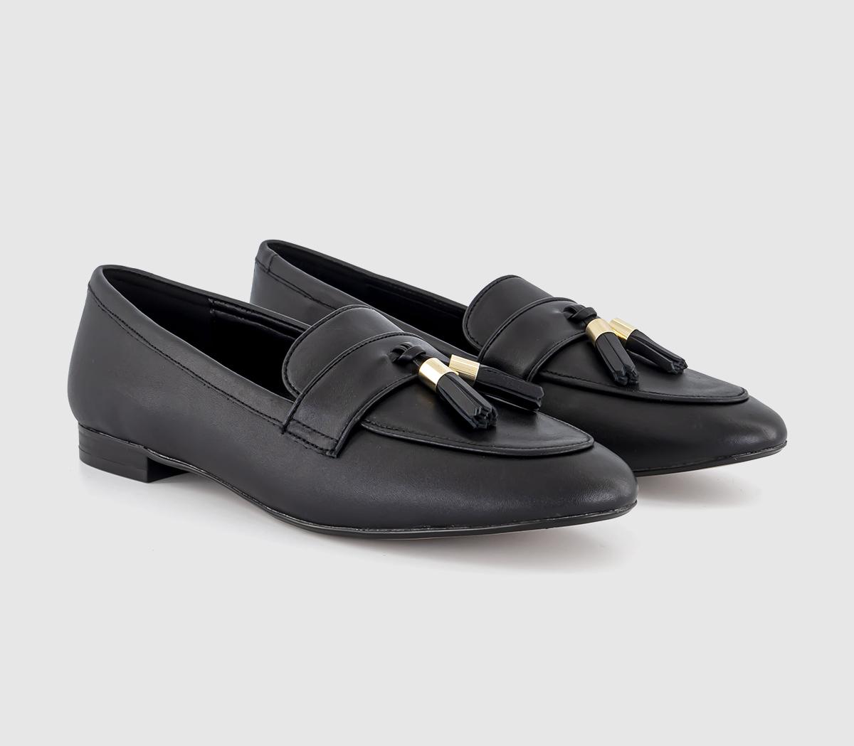 OFFICE Fine Line Leather Tassel Loafers Black Leather Flat Shoes for Women