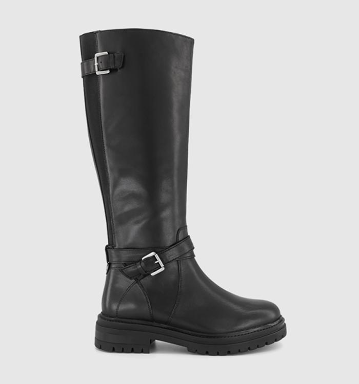 OFFICE Krissy Buckle Strap Knee High Rider Boots Black Leather