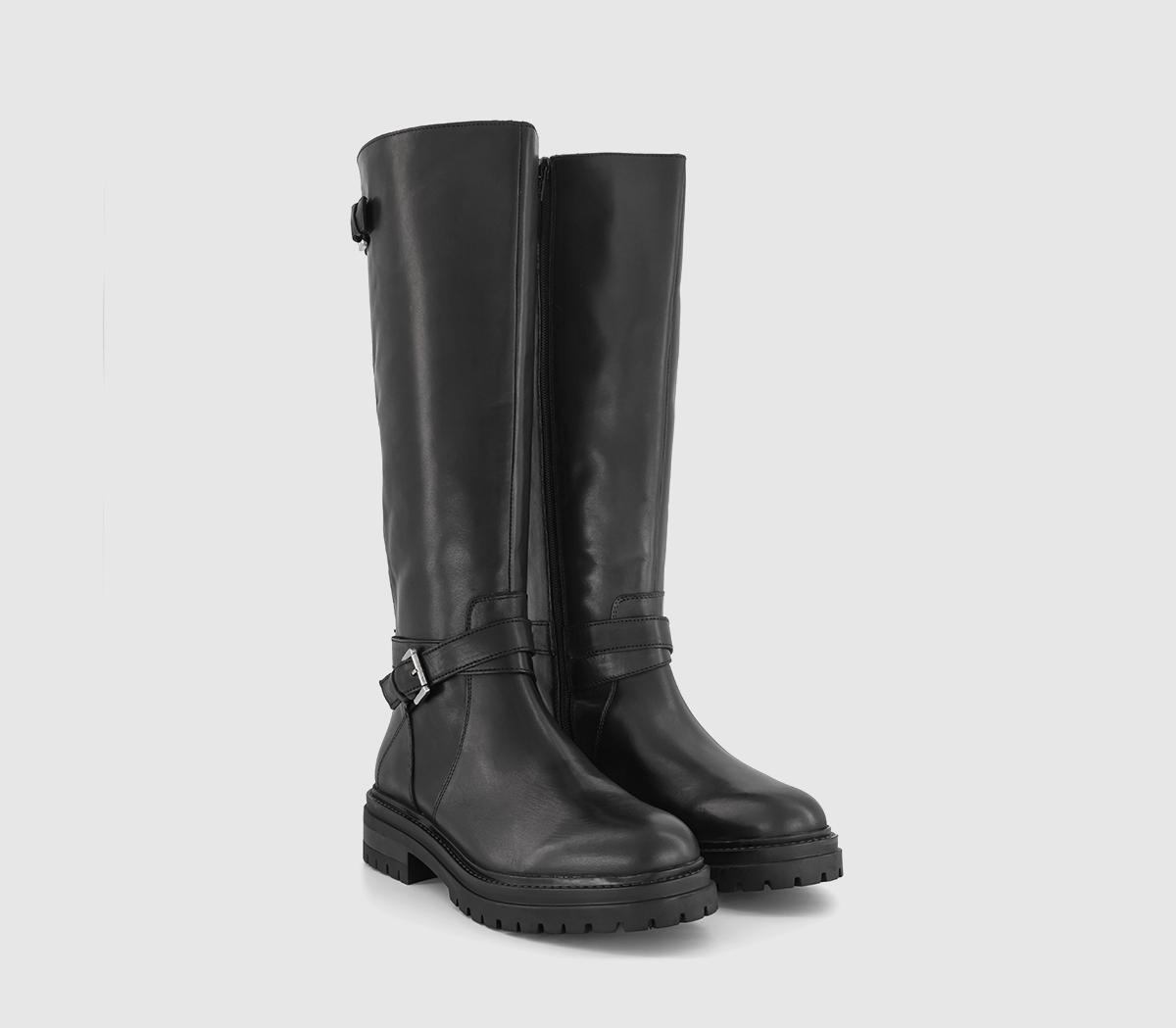 OFFICE Womens Krissy Buckle Strap Knee High Rider Boots Black Leather, 4