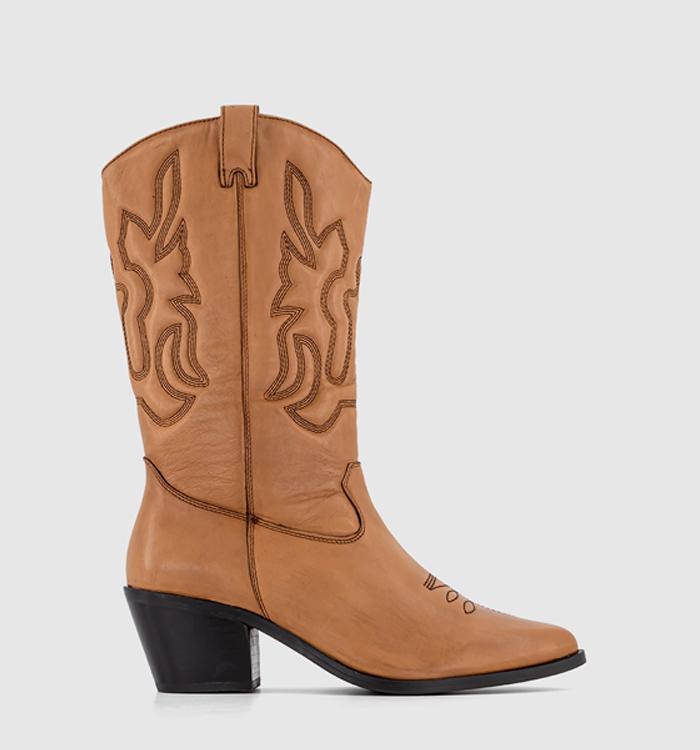 OFFICE Kansas Quilted Leg Western Boots Tan Leather