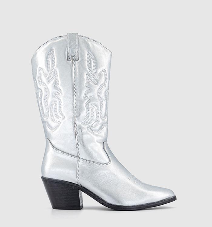 OFFICE Kansas Quilted Leg Western Boots Silver Leather