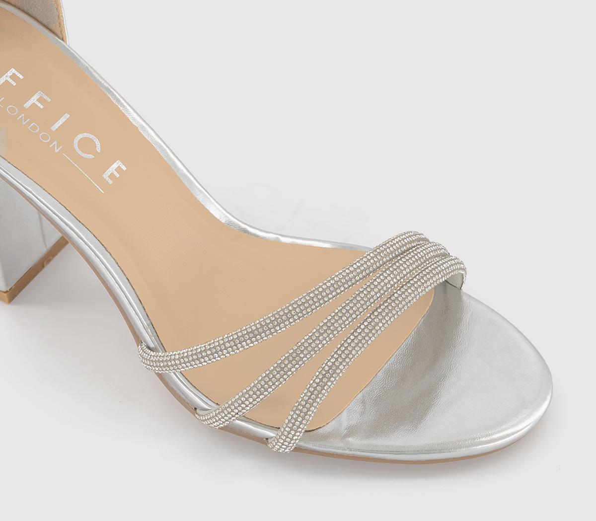 OFFICEHeadlight Embellished Strap Block HeelsSilver Embellished