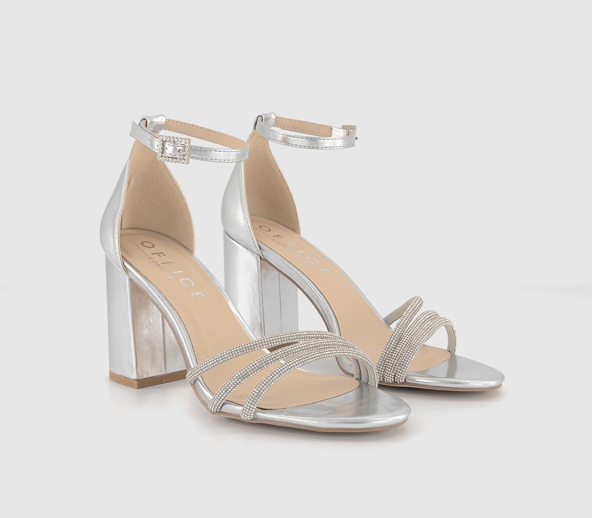 OFFICEHeadlight Embellished Strap Block HeelsSilver Embellished