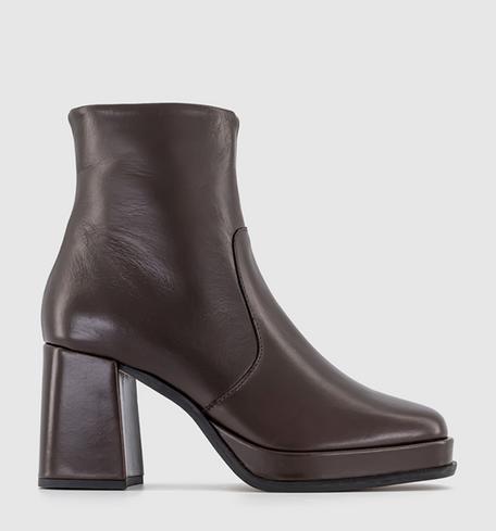 Office Apply Covered Platform Block Heel Ankle Boots Brown Leather