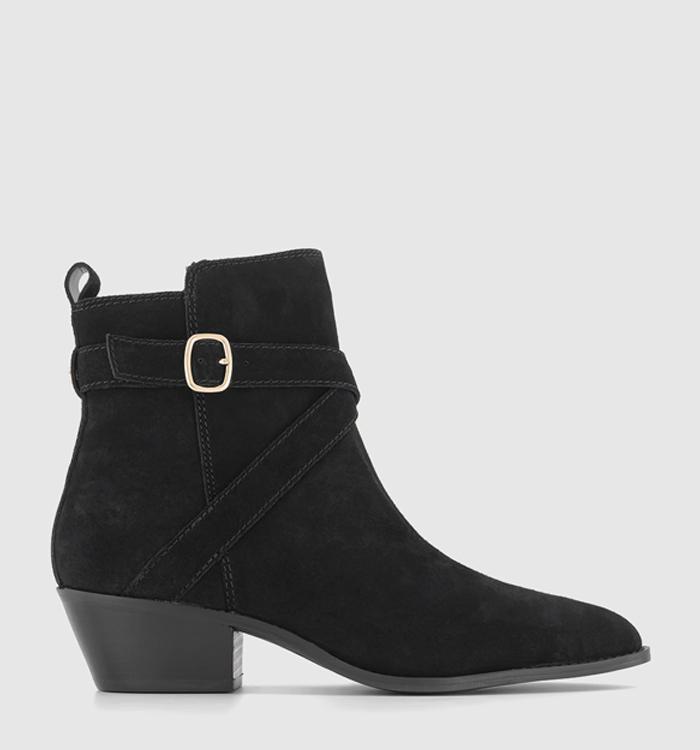 OFFICE Arcade Strap Detail Pointed Toe Ankle Boots Black Suede