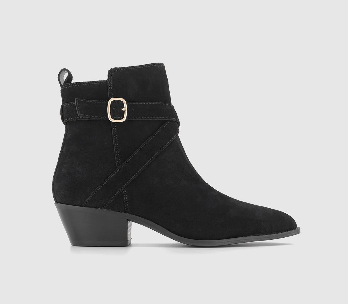 Arcade Strap Detail Pointed Toe Ankle Boots Black Suede