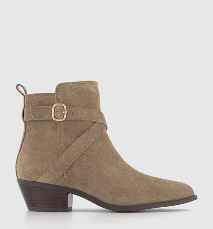 OFFICE Arcade Strap Detail Pointed Toe Ankle Boots Taupe Suede