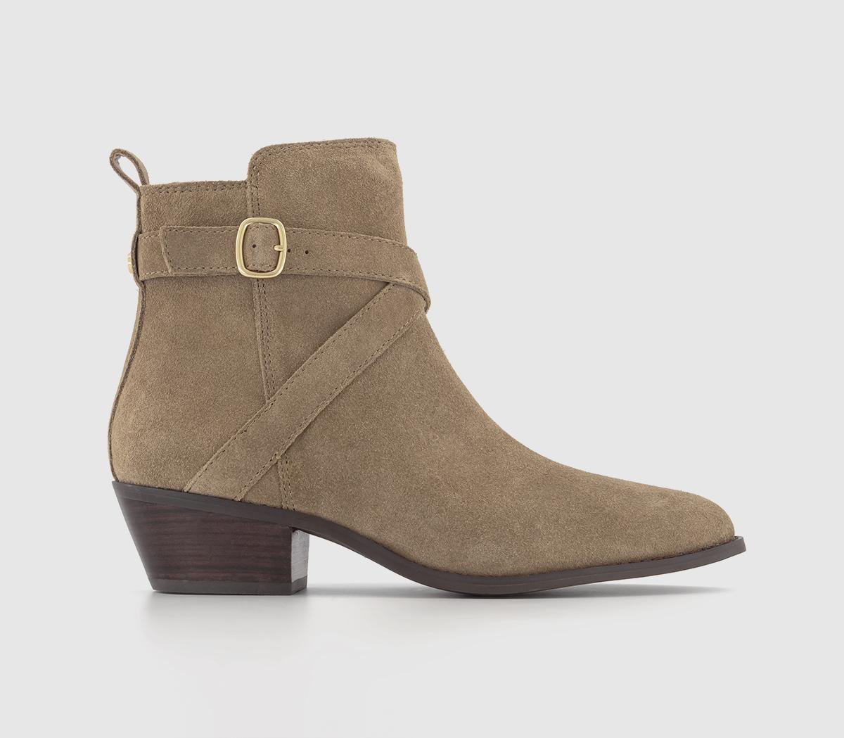 Arcade Strap Detail Pointed Toe Ankle Boots Taupe Suede