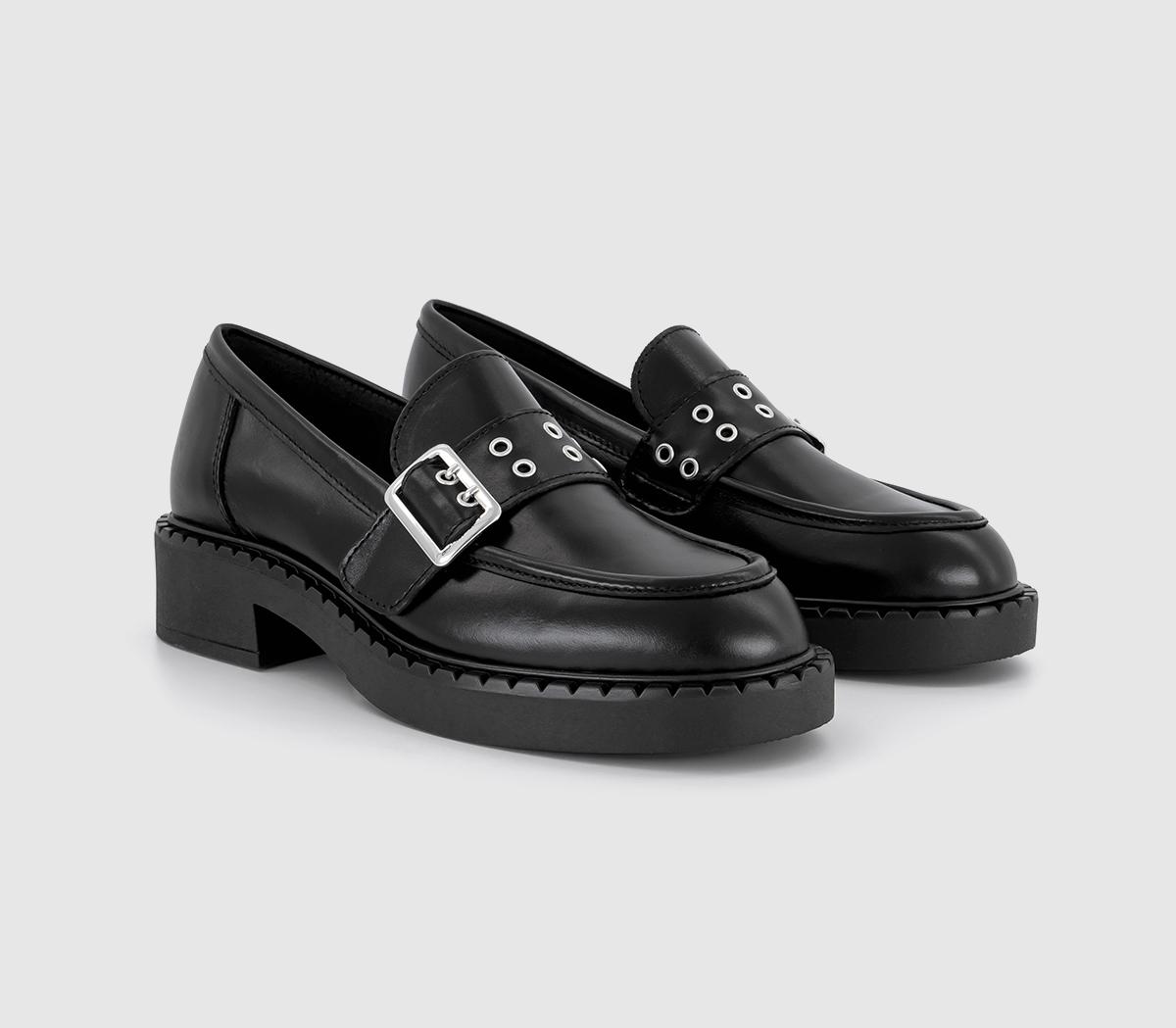 OFFICE Womens Felix Chunky Hardware Loafers Black Leather, 4