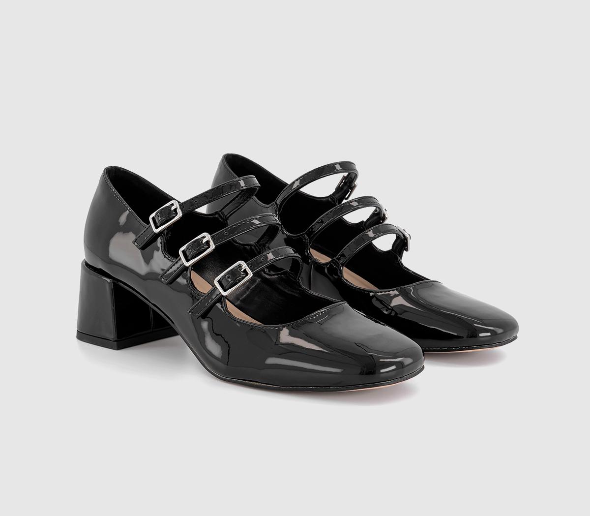 OFFICEMarvellous Triple Strap Mary Jane Block HeelsBlack Patent