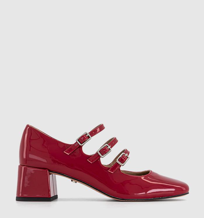 OFFICE Marvellous Triple Strap Mary Jane Block Heels Red Patent