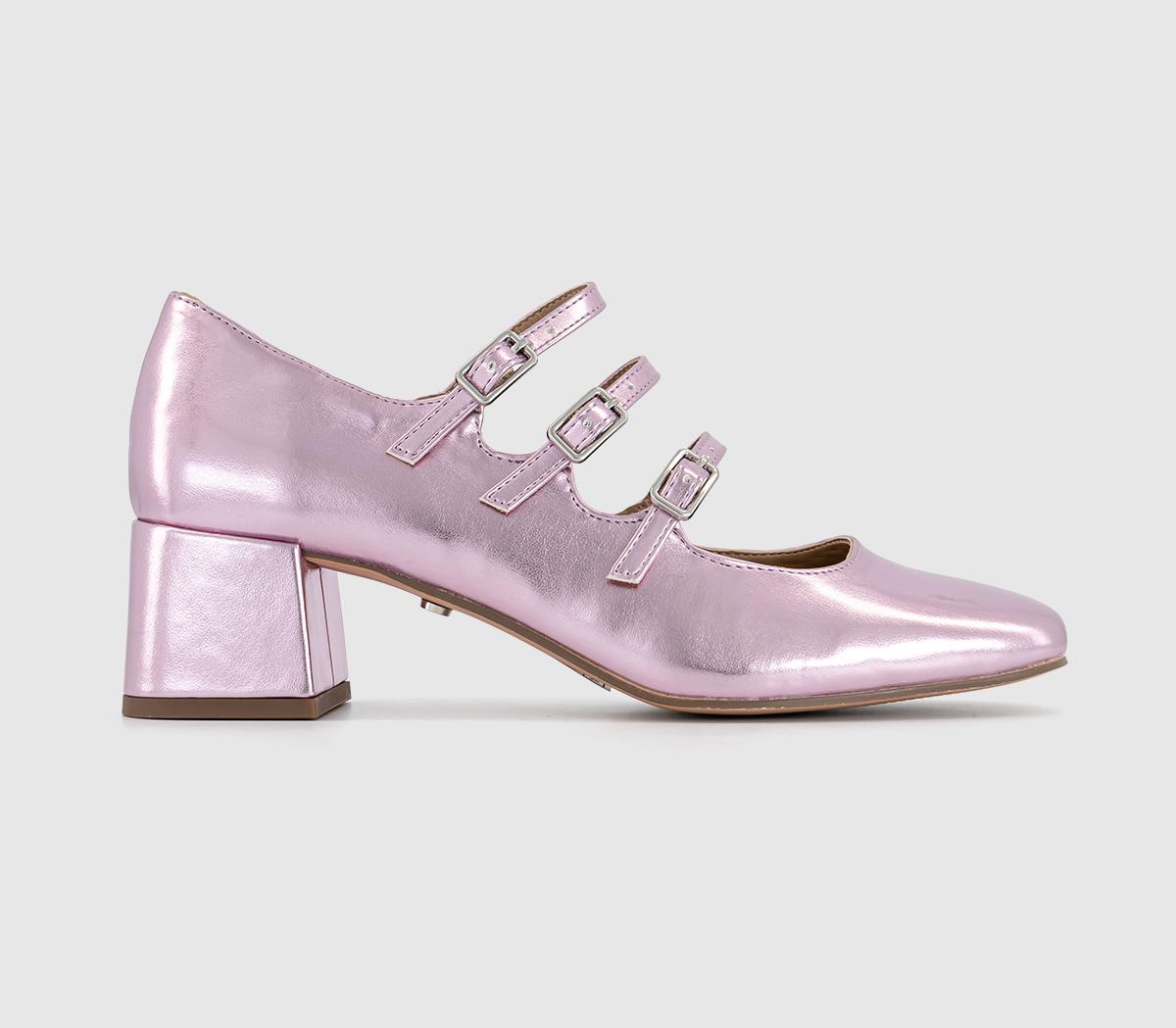 Marvellous Triple Stap Mary Jane Block Heels Pink Metallic
