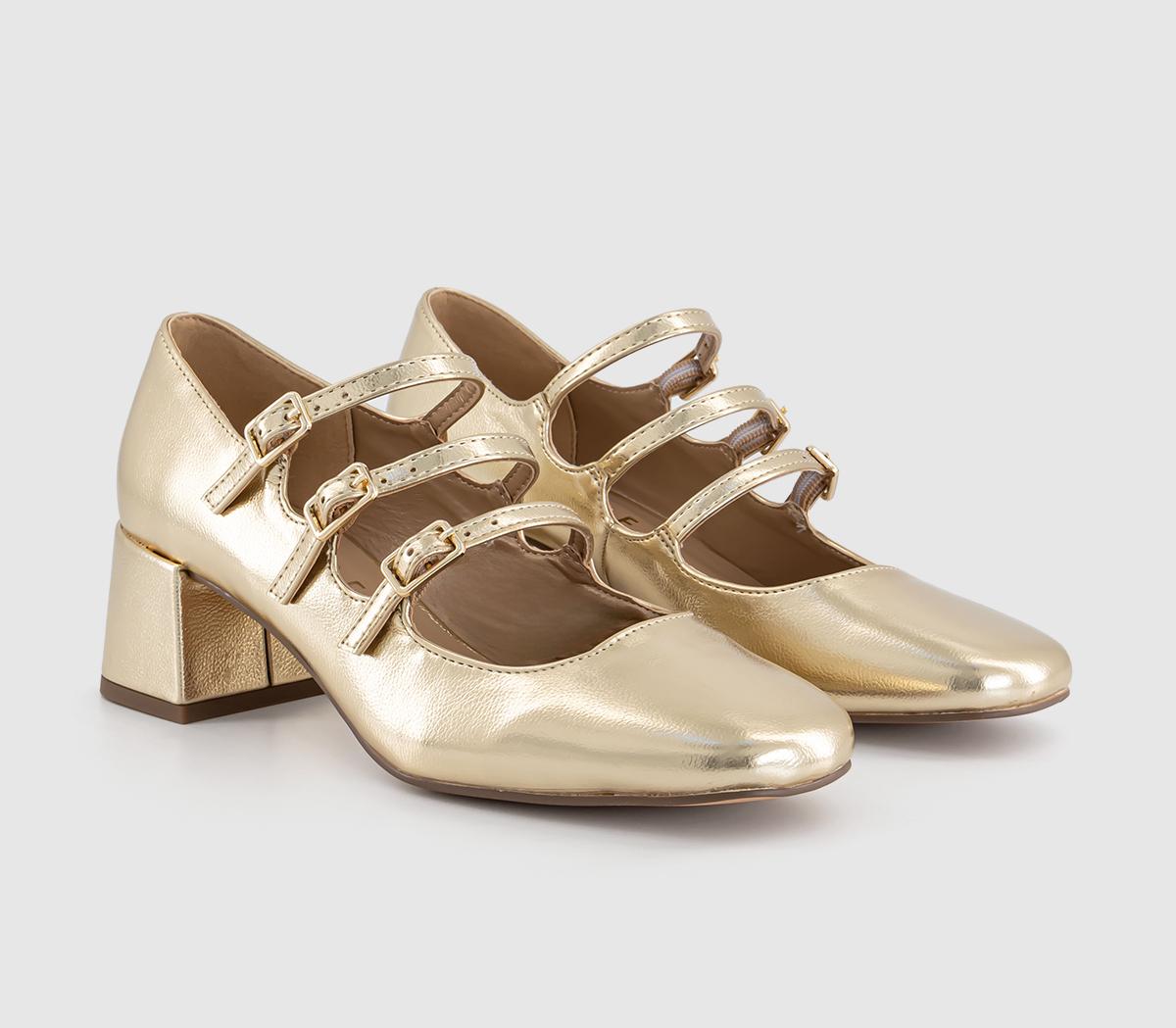 OFFICEMarvellous Triple Stap Mary Jane Block HeelsGold