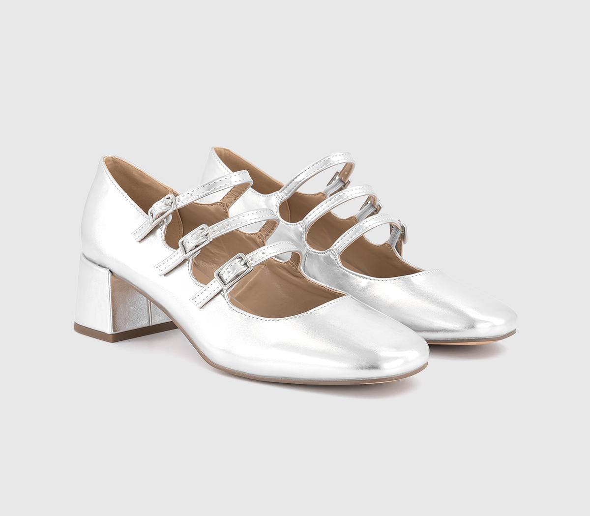 OFFICEMarvellous Triple Strap Mary Jane Block HeelsSilver