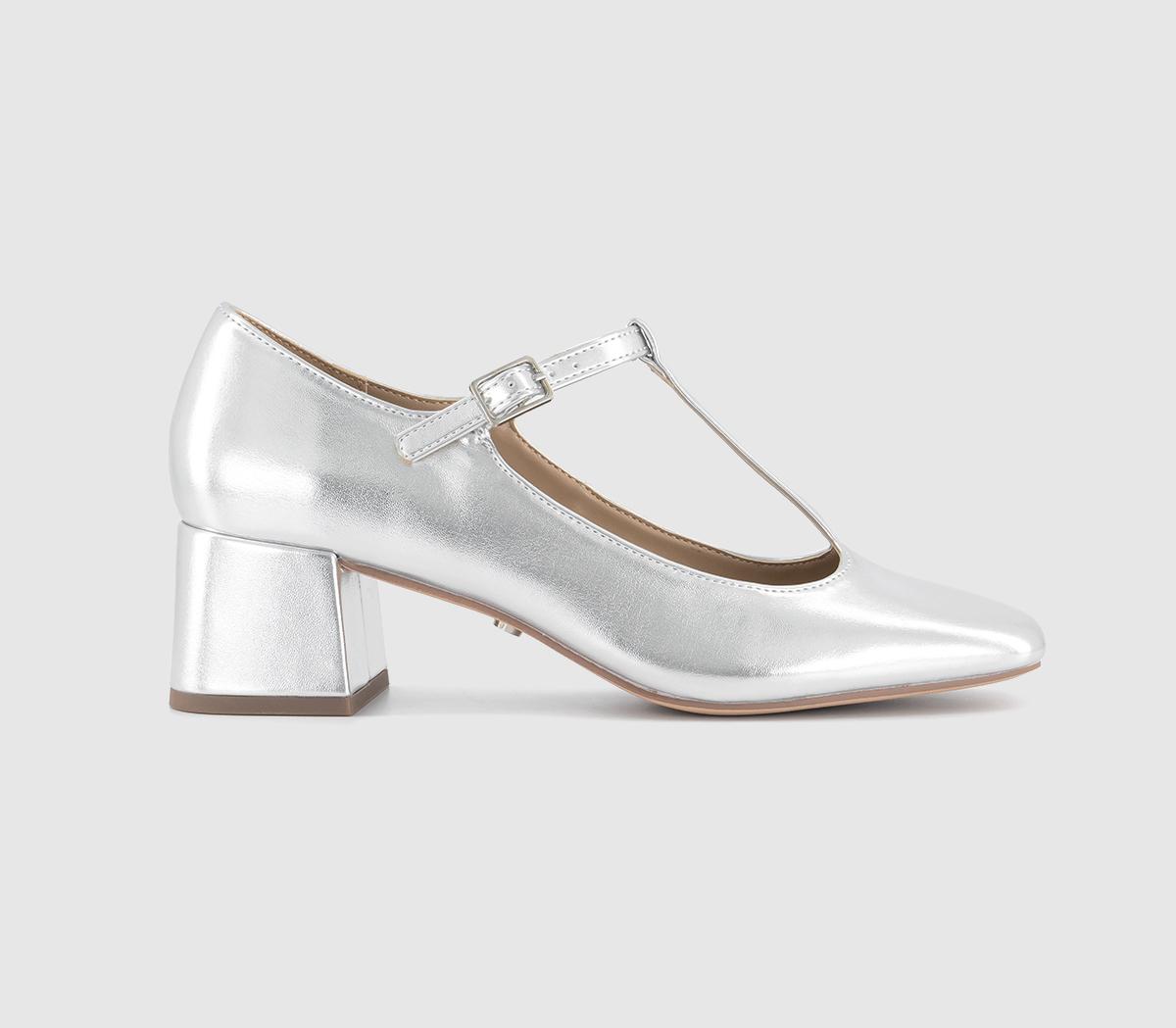 OFFICE Macey T bar Block Heels Silver Patent Mid Heels