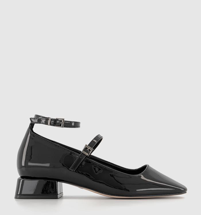 OFFICE Mighty Low Block Ankle Strap Mary Janes Black Patent