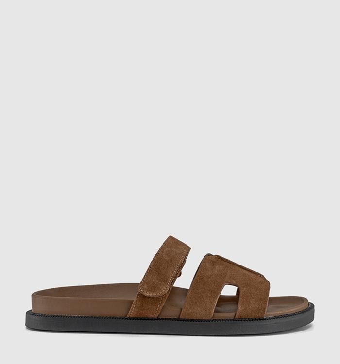 OFFICE Serena Cut Out Two Strap Footbed Sandals Dark Tan Suede