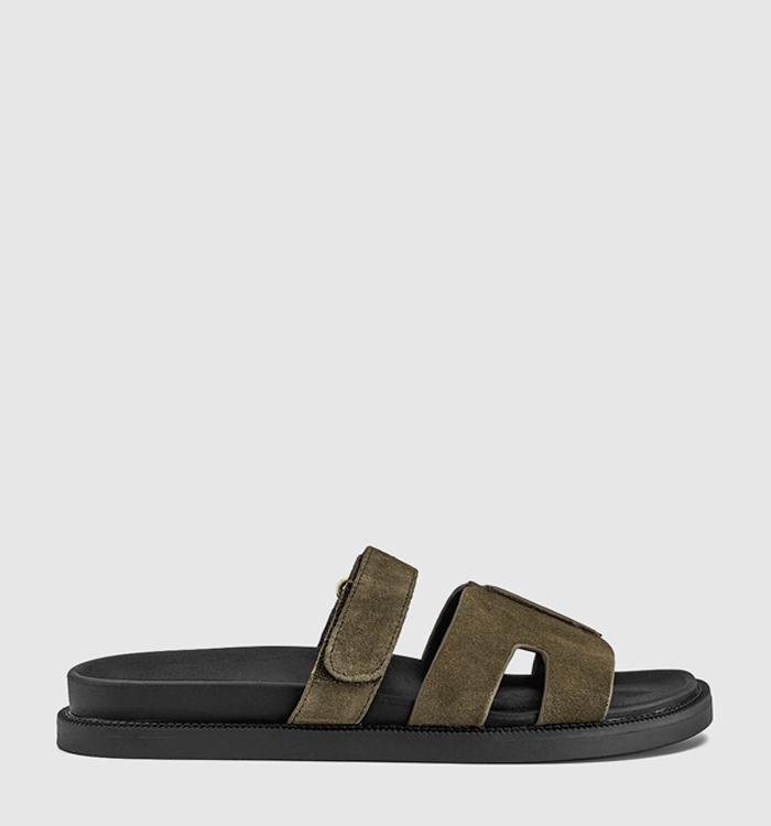 OFFICE Serena Cut Out Two Strap Footbed Sandals Olive Suede