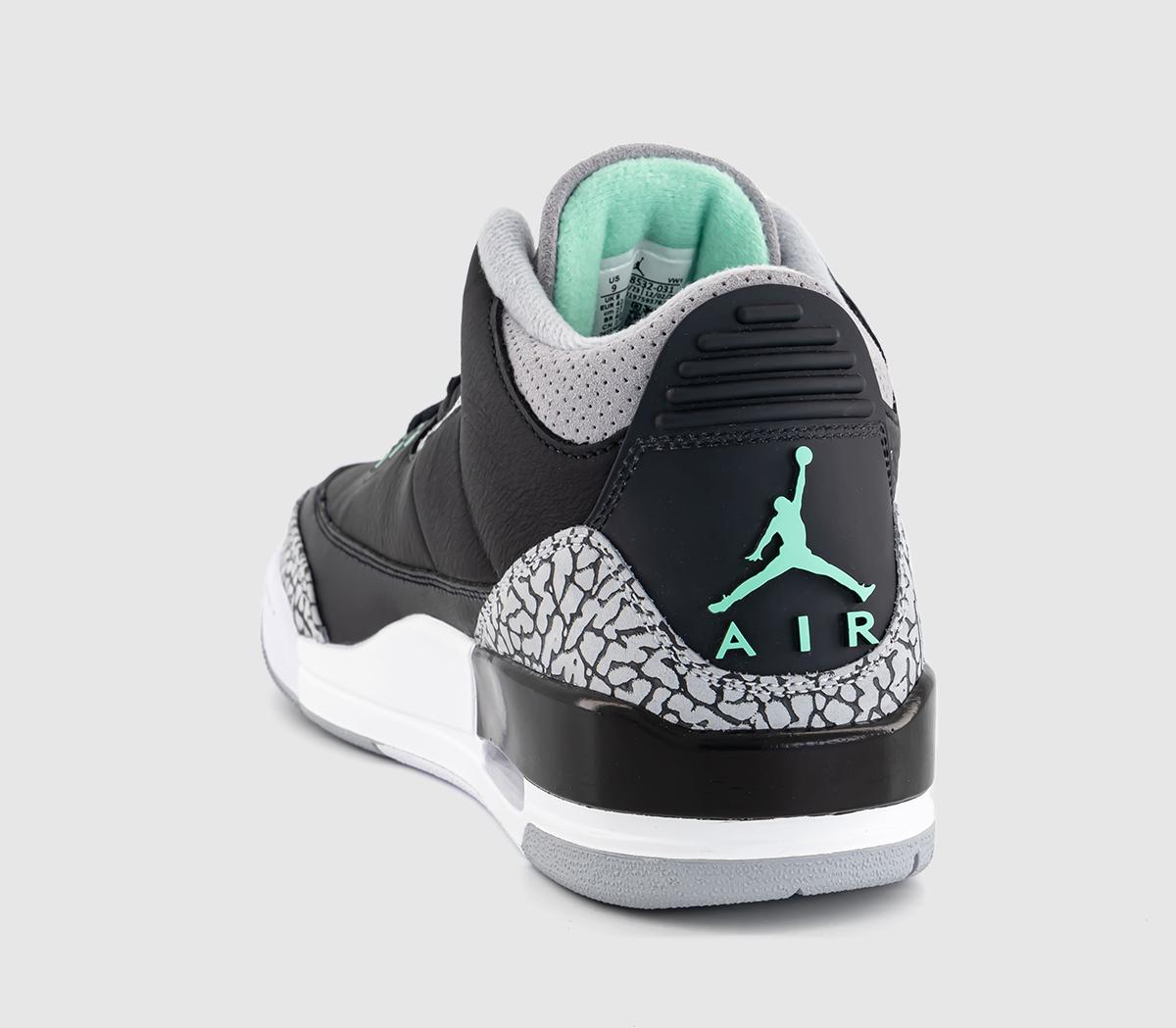 JordanAir Jordan 3 Retro Trainers Black Green Glowwolf Greywhite