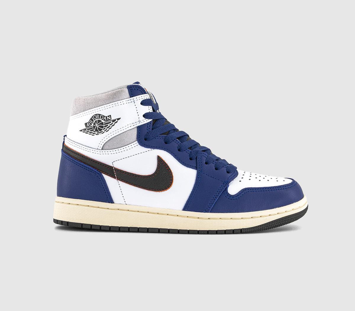 Jordan Mens Air 1 Retro Hi OG Trainers White Black Neutral Grey Deep Royal Blue, 7