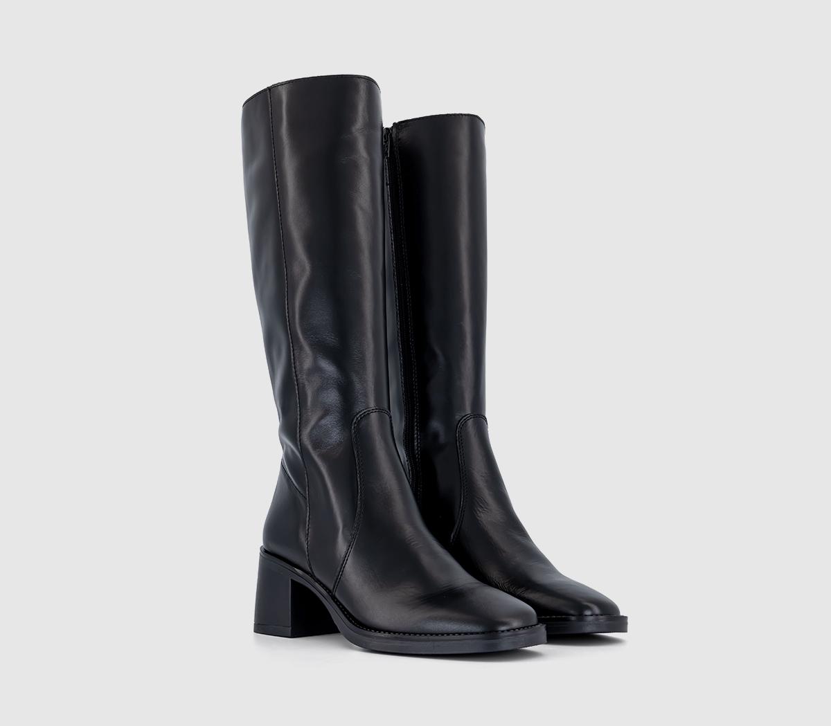 OFFICE Karamel Knee High Block Heel Boots Black Leather - Knee High Boots