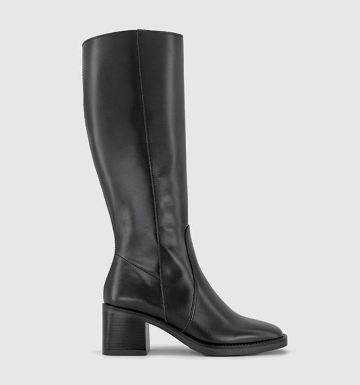 OFFICE Karamel Knee High Block Heel Boots Shiny Black Leather