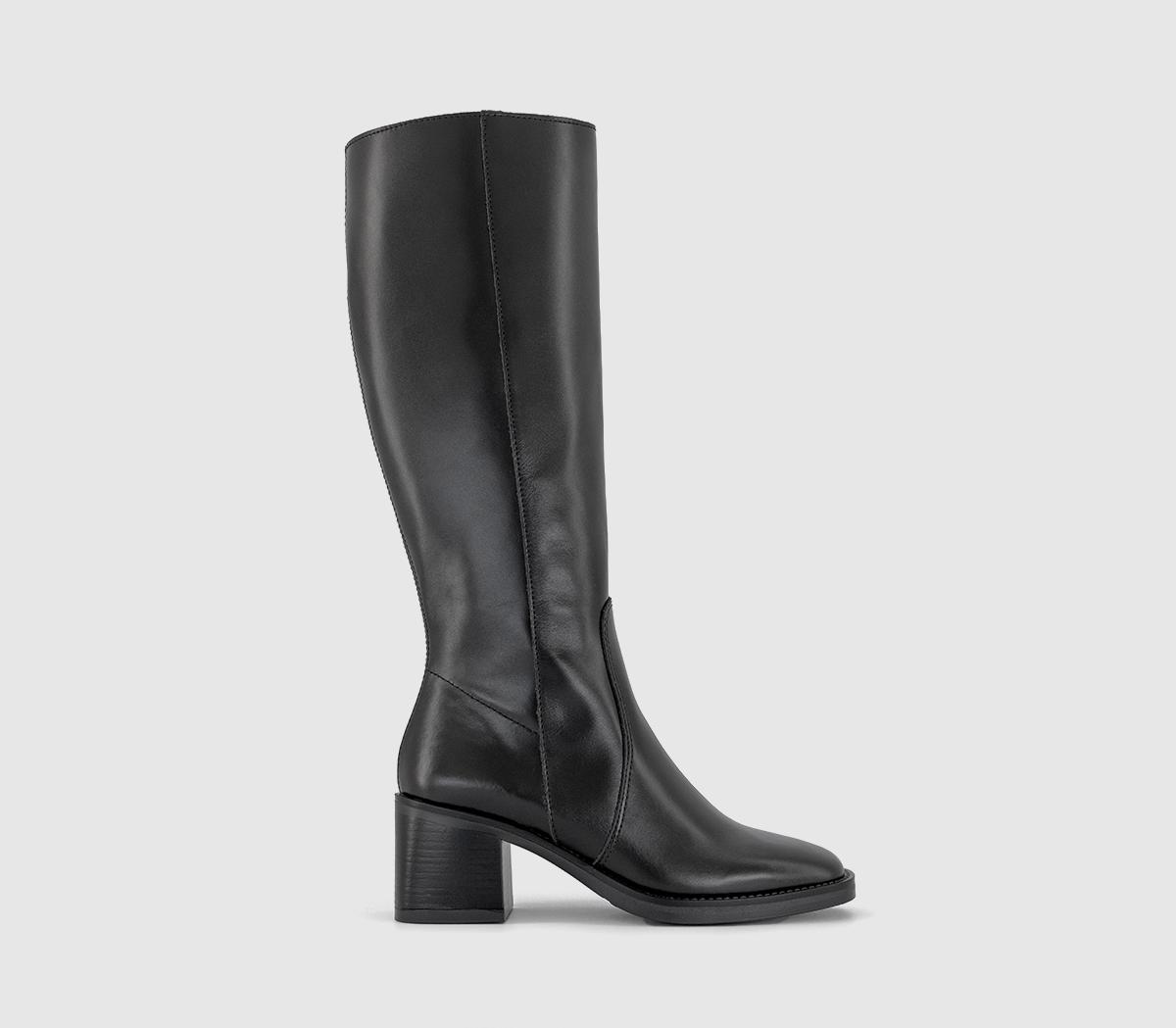 OFFICE Karamel Knee High Block Heel Boots Shiny Black Leather Knee High Boots