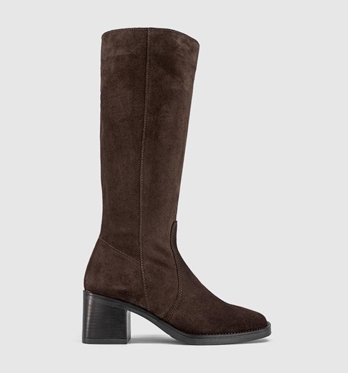 OFFICE Karamel Knee High Block Heel Boots Brown Suede