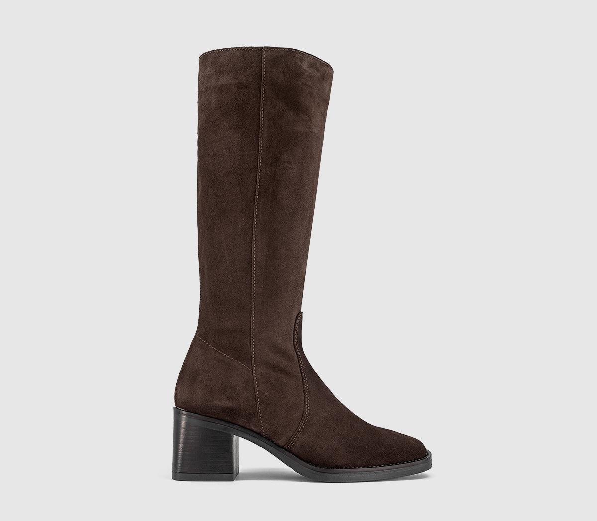 OFFICE Womens Karamel Knee High Block Heel Boots Brown Suede, 7