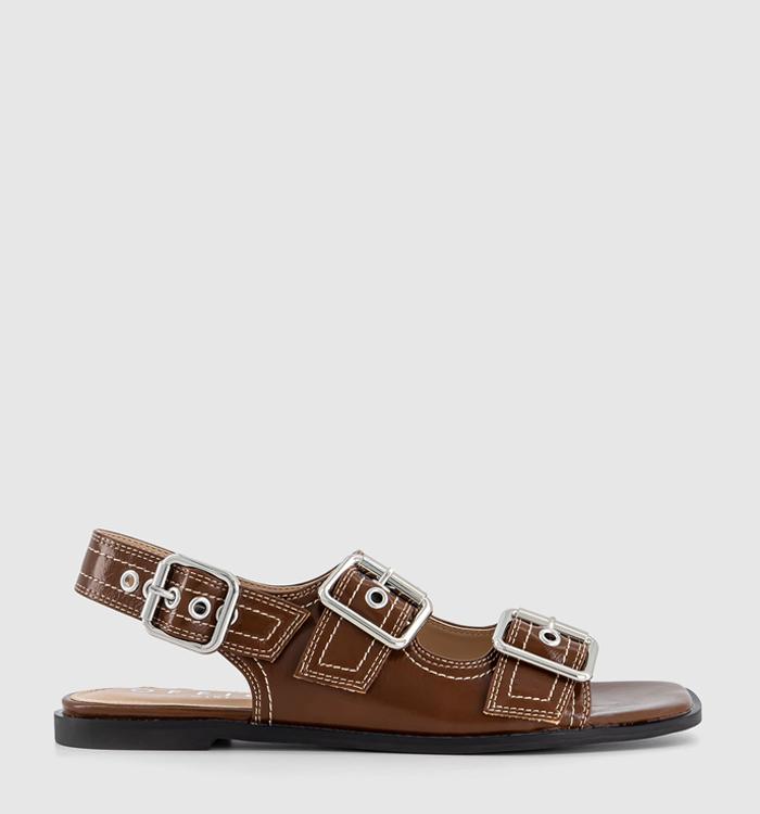 OFFICE Stealth Double Buckle Contrast Stitch Sandals Brown