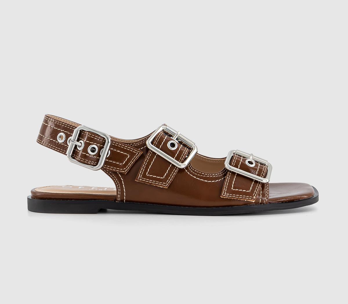 Stealth Double Buckle Contrast Stitch Sandals Brown